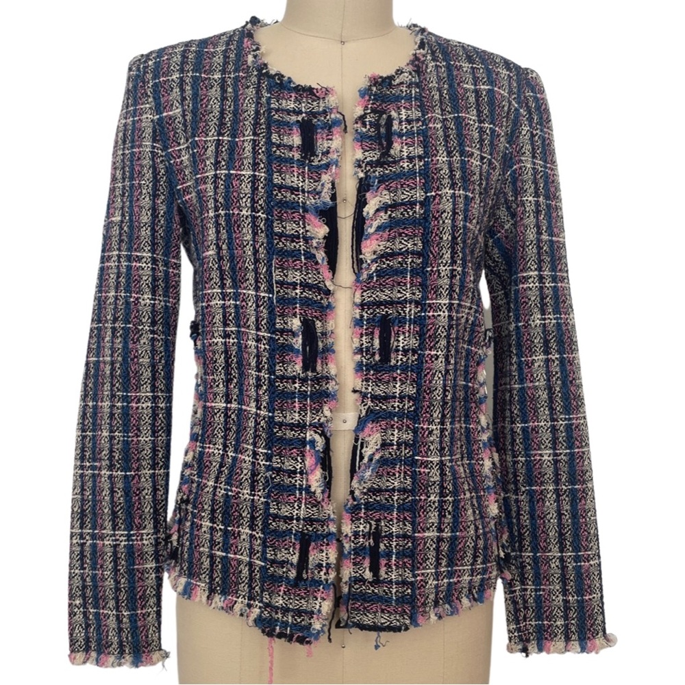 IRO woven jacket in pink, blue, black and white, size extra small, XS